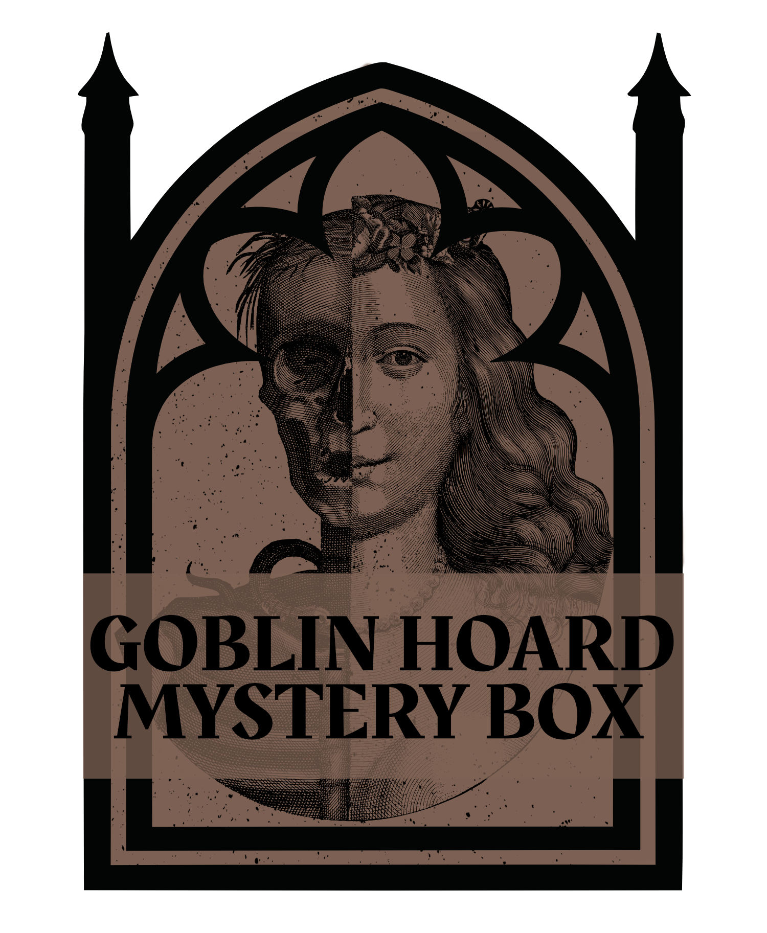 A sticker or sign with gothic-style lettering that reads "GOBLIN HOARD MYSTERY BOX." The background features a stylized illustration combining a woman's face with a skull on the left side, and the image is framed with pointed gothic arches.