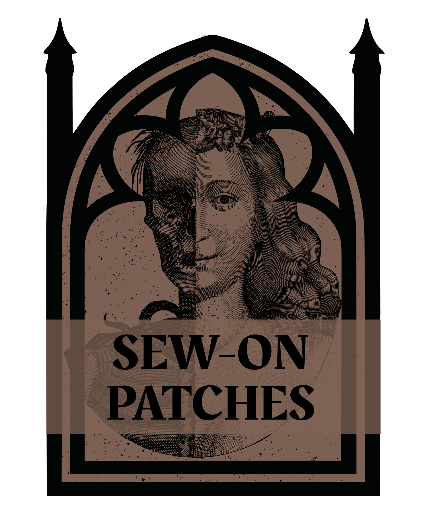 Illustration of a woman's face with half of her face depicted as a skull, framed by gothic architectural elements, with the text 'SEW-ON PATCHES' at the bottom.
