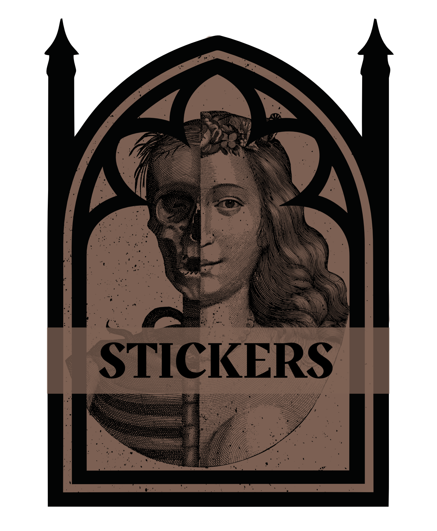 A sticker depicting a person with the left half of their face as a skull and the right half as a normal face, with the word "STICKERS" written below in bold