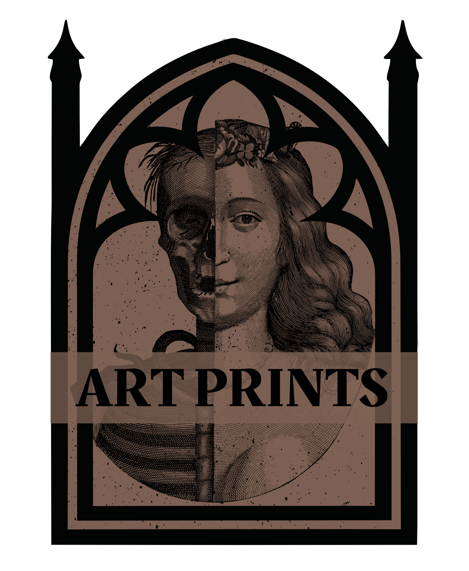 A vintage-style art print depicts a woman’s face with half of her face as a human and the other half as a skull, within an arched window. The text reads "ART PRINTS."
