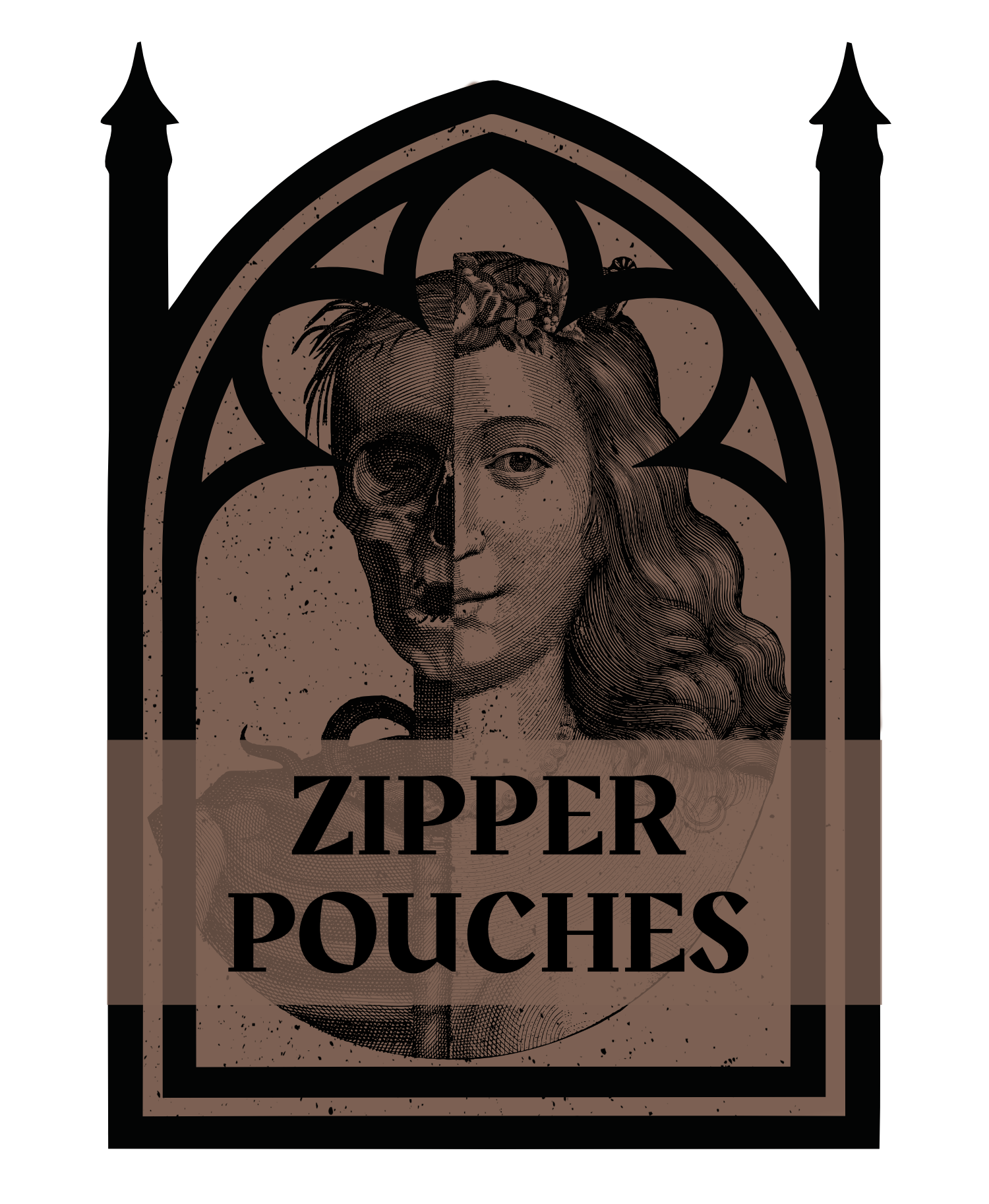 A decorative label with a stylized illustration of a woman's face. The face is split in half, with one side resembling a skull. The label reads 'Zipper Pouches'.