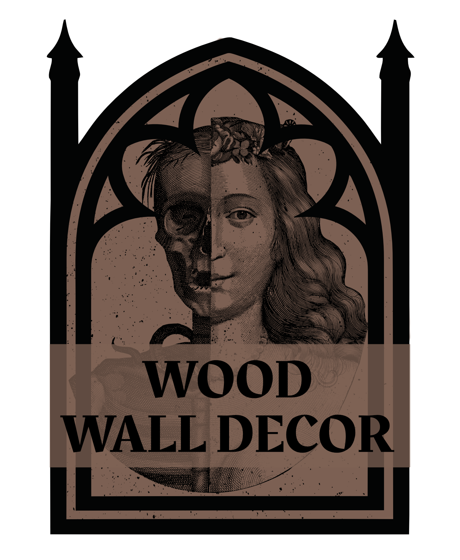 Design featuring a woman's face with half of it as a realistic illustration and half as a skull, surrounded by gothic decorative elements, with the words 'WOOD WALLDECOR' below.