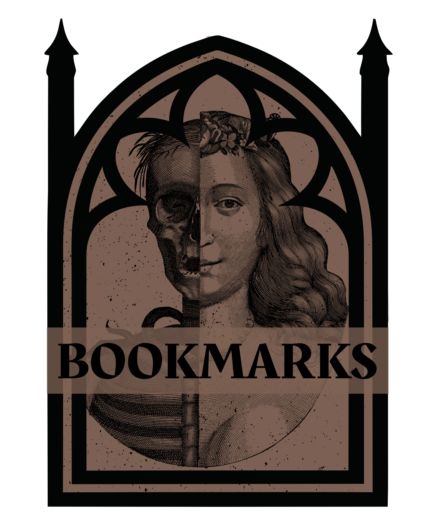 A poster with a stylized portrait of a woman, half of her face is a human face and the other half a skull, with the word 'BOOKMARKS' written below.