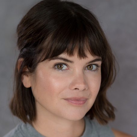 Close-up portrait of a woman with shoulder-length brown hair, hazel eyes, and a neutral expression.