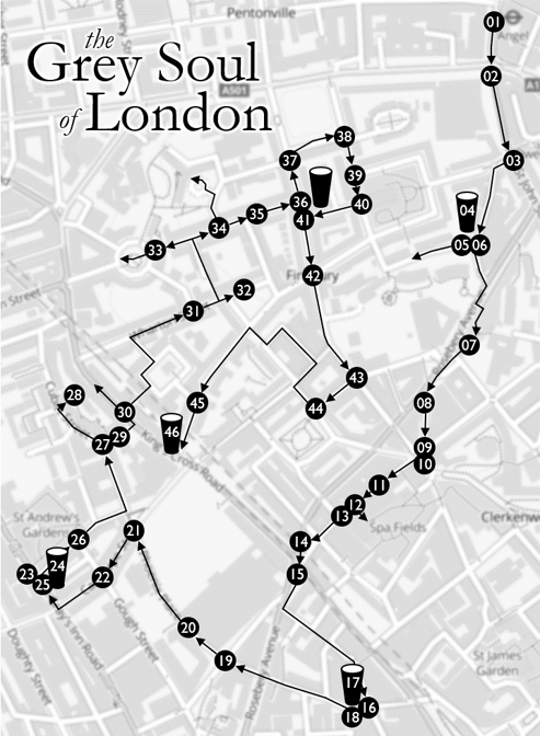 Audio stops on the 'The Grey Soul of London' tour, in Angel and Clerkenwell and Finsbury areas of London.