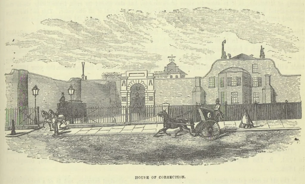 Historical illustration of a prison labelled 'House of Correction' with a castle-like exterior, a gate, a horse-drawn carriage, and a few figures outside. Cold Bath Fields Prison.