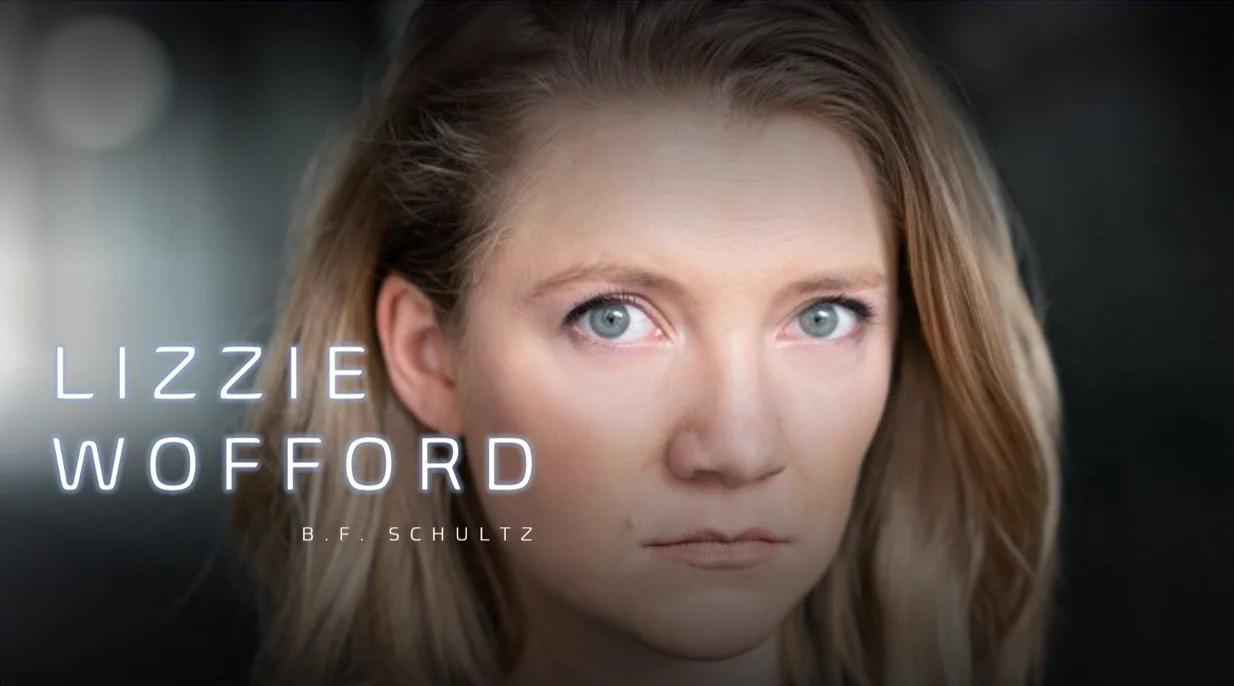 Close-up of a woman's face with blue eyes and blonde hair, with text overlay reading 'Lizzie Wofford B.F. Schultz'.