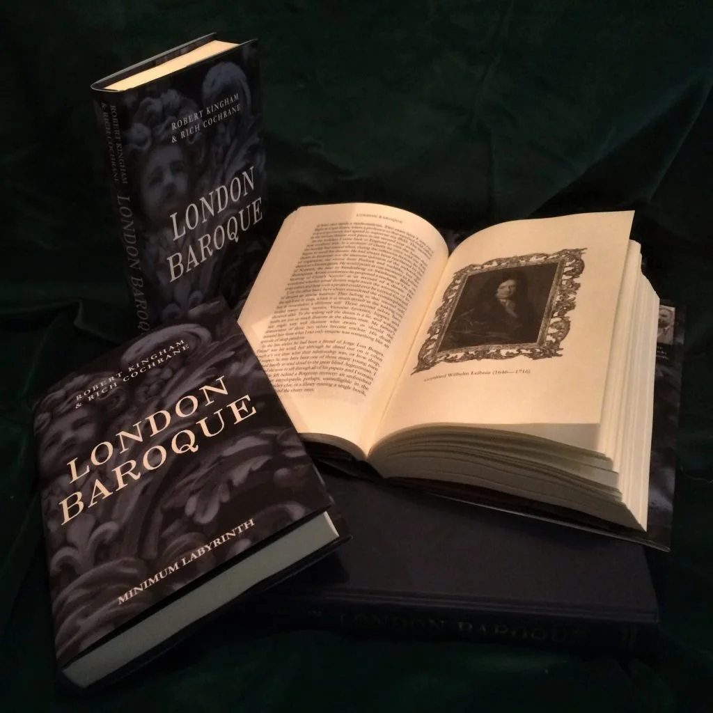 Books about London Baroque featuring a book cover and an open book displaying an illustration of Robert Herrick with a framed portrait.