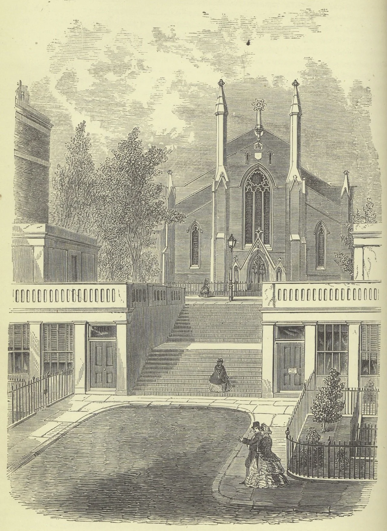 Historical black-and-white illustration of a church with gothic architecture, large stained-glass windows, and pointed spires. ‘Riceyman Steps’ leading up to the church of St Philip, Granville Square.