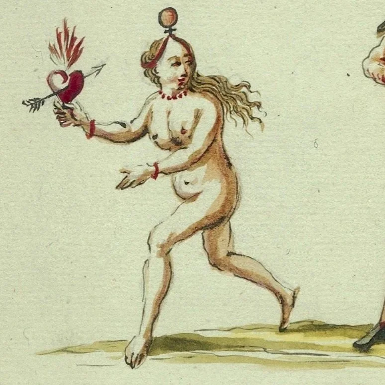 A nude woman with long hair, holding a flaming heart with an arrow through it, and balancing a sphere on her head, walking on a yellow-green surface. An alchemic artwork.