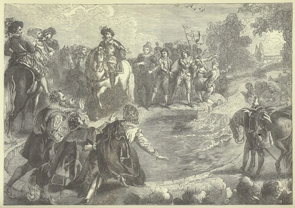 Historical black and white illustration depicting a group of people outdoors, gathered around a water body, with some on horseback. The theatrical opening ceremony of the New River Head, 1613.