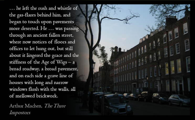 A city street with row houses, parked cars, leafless trees, and a building silhouette against the evening sky.