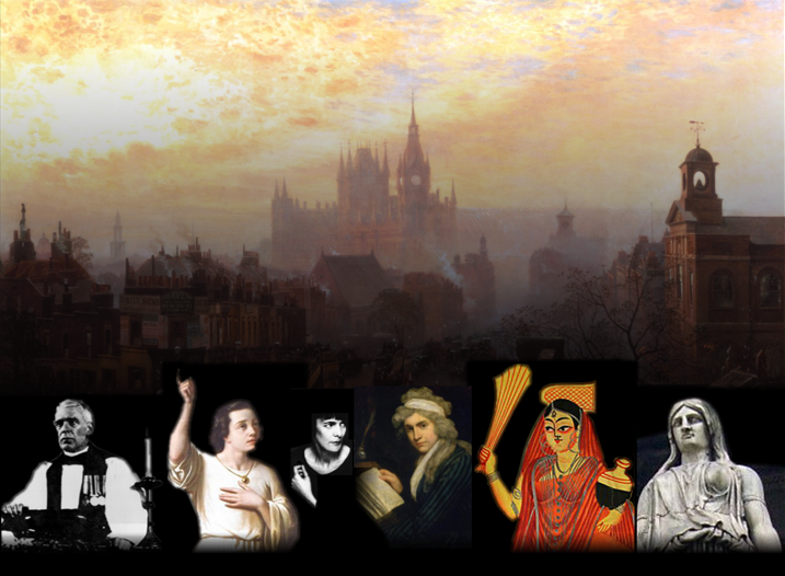 Silhouette of London cityscape at sunset with famous historical and literary figures at the bottom, including Reverend Harold Davidson, St Pancras, H.D. (Hilda Doolittle), Mary Wollstonecraft, and the goddess Shitala.