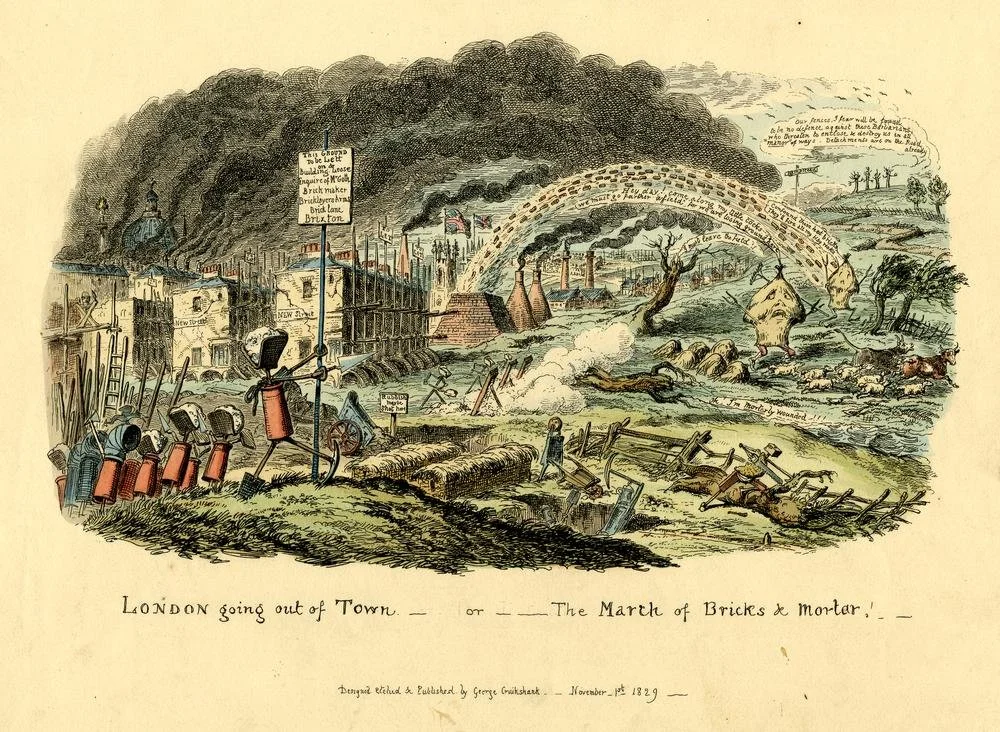 Illustration titled "London going out of Town -- or -- The March of Bricks & Mortar!" from November 1829, depicting the destruction caused by industrialization in London with buildings burning, smoke billowing, and construction hazards.