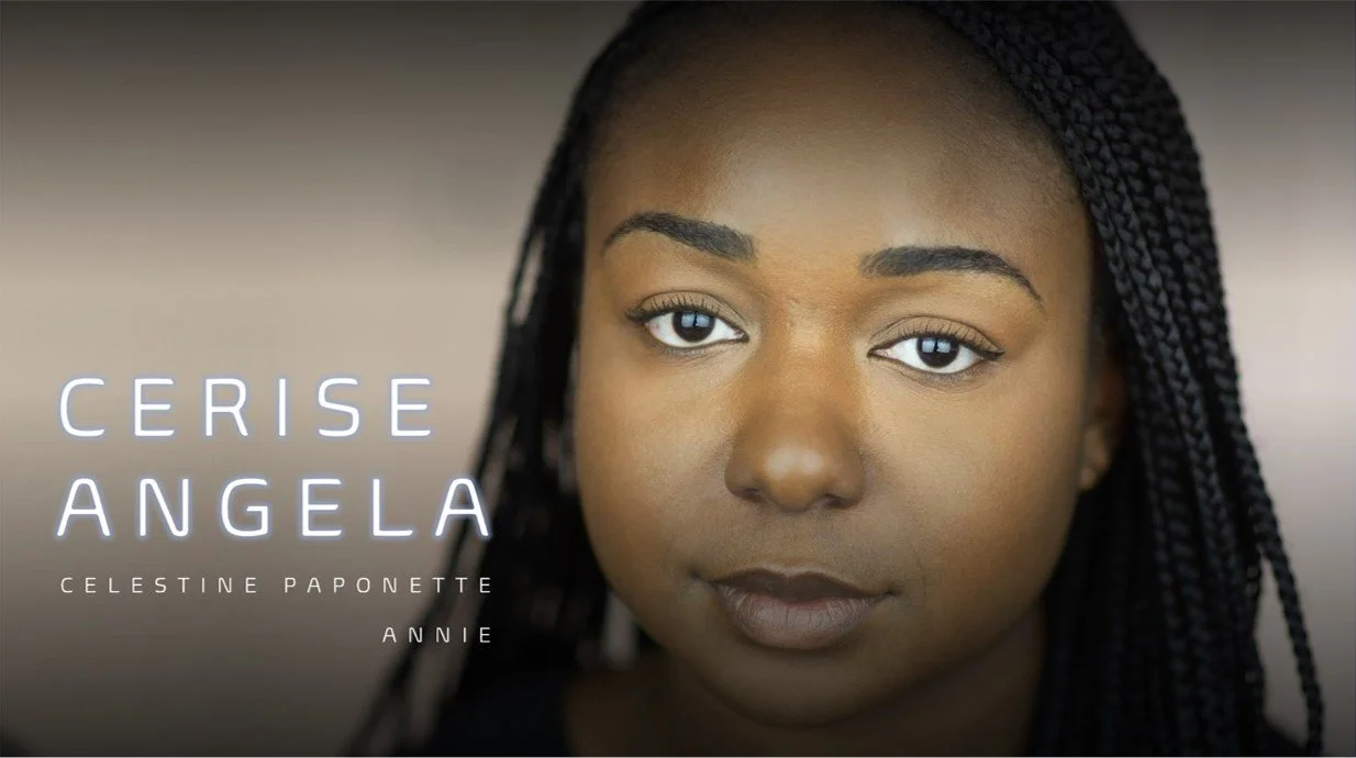 A close-up portrait of a woman with braided hair looking directly at the camera, with text overlay including her name (Cerise Angela) and others.