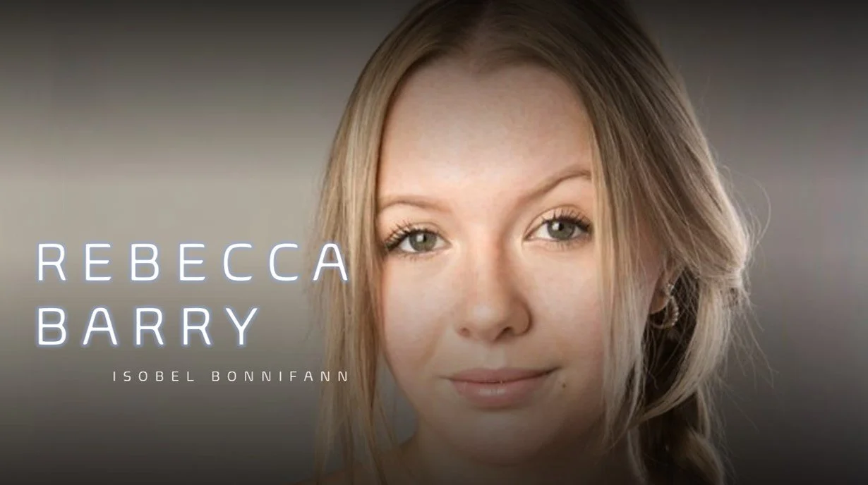 Close-up photo of a woman with blonde hair and green eyes, with text overlay saying 'Rebecca Barry' and 'Isobel Bonnifann'.
