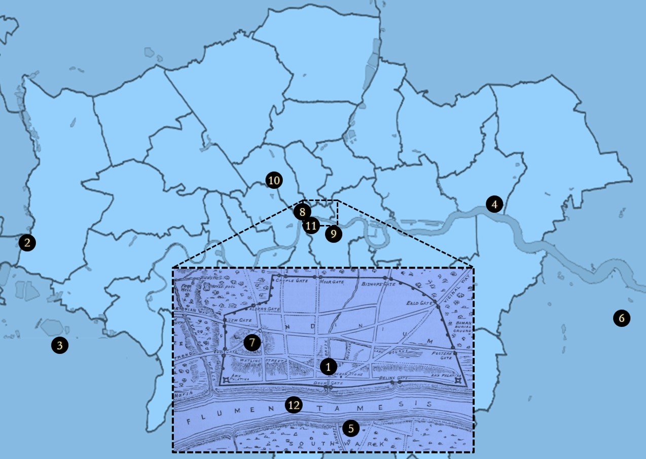 Map of London showing various zones and historical sites with numbered labels for key locations in the Pagan London documentary.