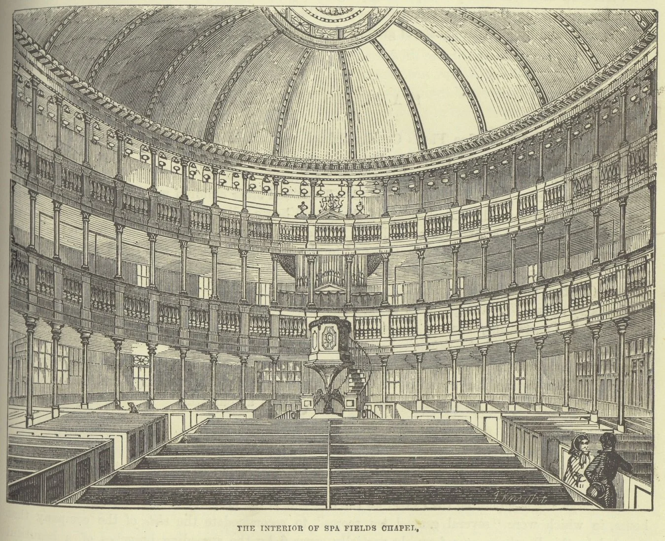 Black and white illustration of the interior of Spa Fields Chapel, showing a large, domed ceiling, multiple balconies with railings, and a central pulpit with a staircase. The Pantheon Tea House, transformed into the Spa Fields Chapel.
