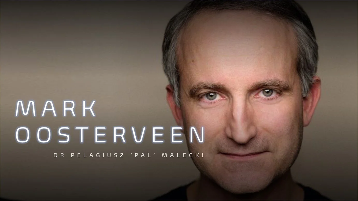 Close-up of Mark Oosteveen's face with text indicating his name and title, Dr. Pelagiusz 'Pal' Malecki.