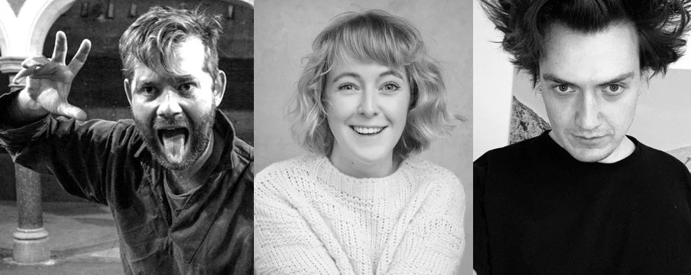 Three people in black and white photos, two men and one woman, each with different facial expressions and hairstyles. Howard Horner, Alice Merivale, and Will Henry.