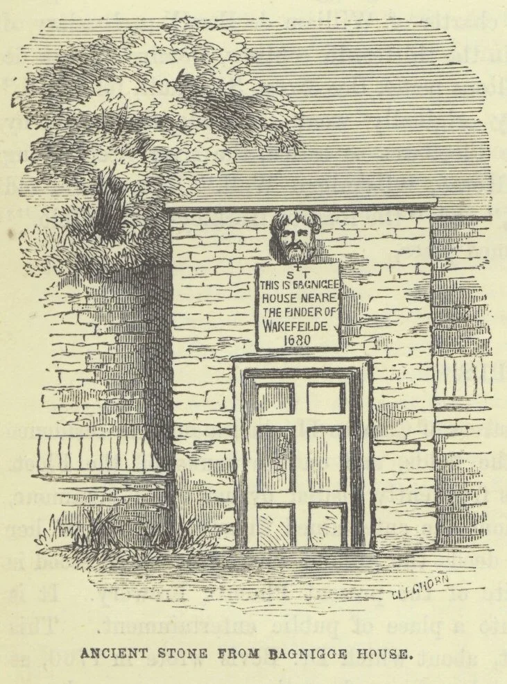 Drawing of an ancient stone house with a door, a large tree to the left, and a carved stone face above the door with a plaque that reads: "This is Bagnigge House near the Pinder of Wakefeilde 1680."