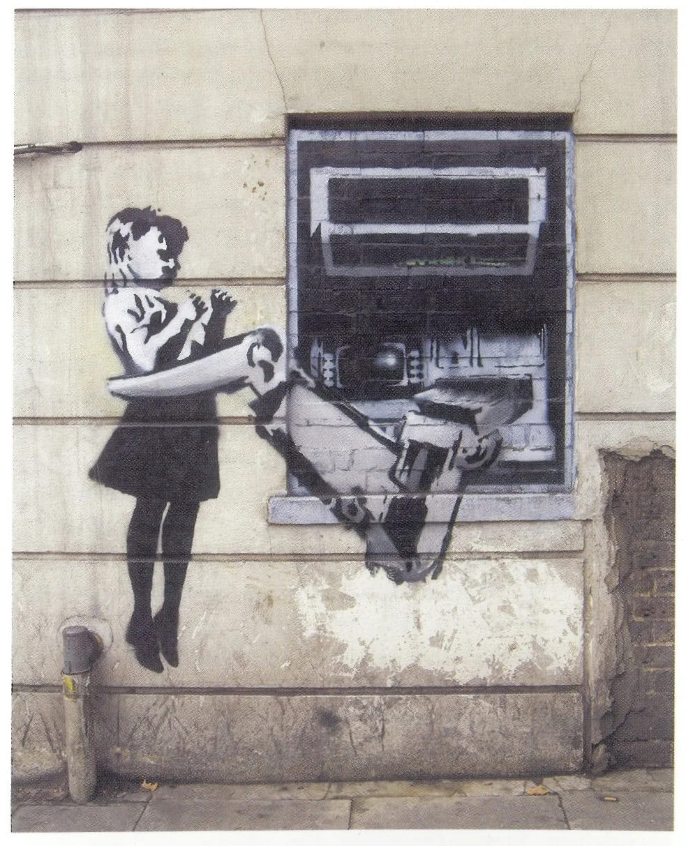 Banksy’s cashpoint. Street art graffiti of a girl with pigtails in a school uniform being grabbed by a mechanical arm emanating from a cashpoint.