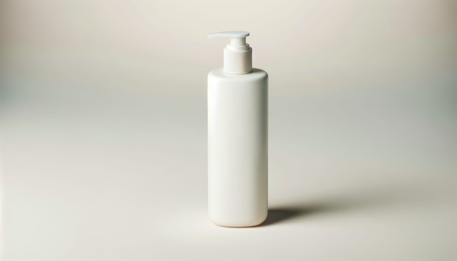 A plain white plastic bottle with a black pump on a beige surface with a neutral background.