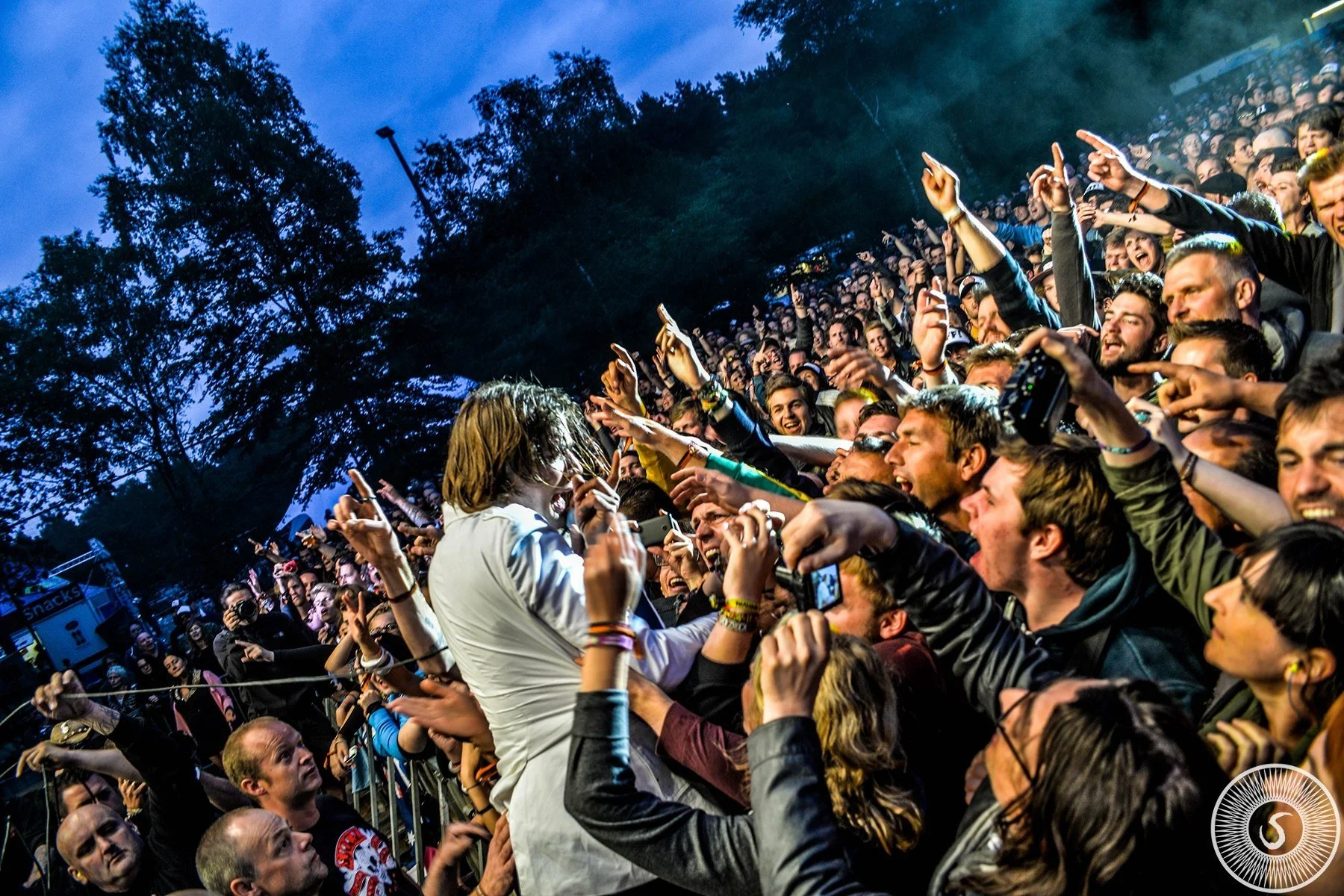 Crowd of enthusiastic concert goers reaching out and waving hands toward a performer in an outdoor concert at dusk, with trees and evening sky in the background.