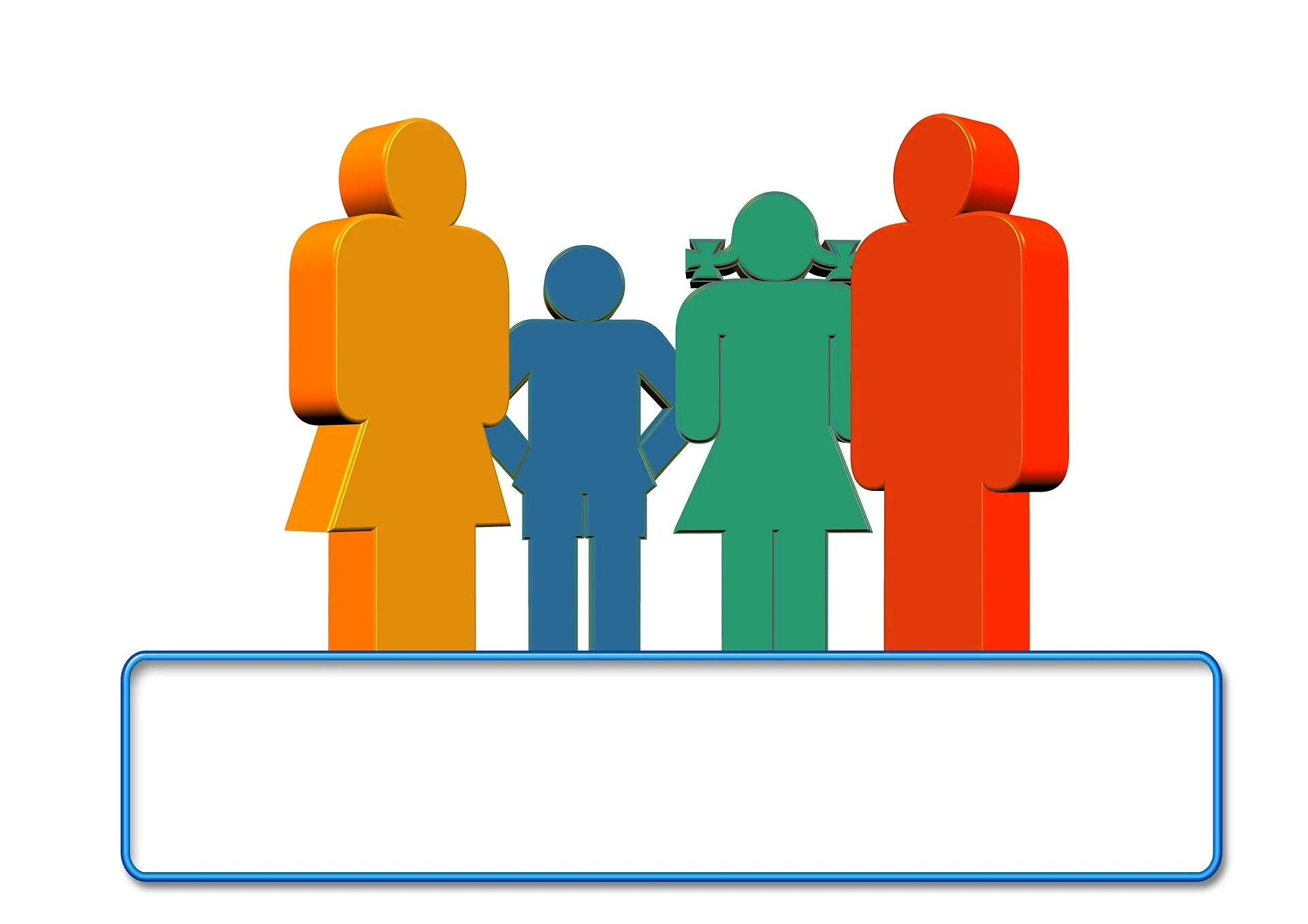 Grafik mit vier Figuren in verschiedenen Farben, die eine Familie repräsentieren, auf einer weißen Hintergrund. Unterhalb befindet sich ein leeres, blau umrandetes Textfeld.