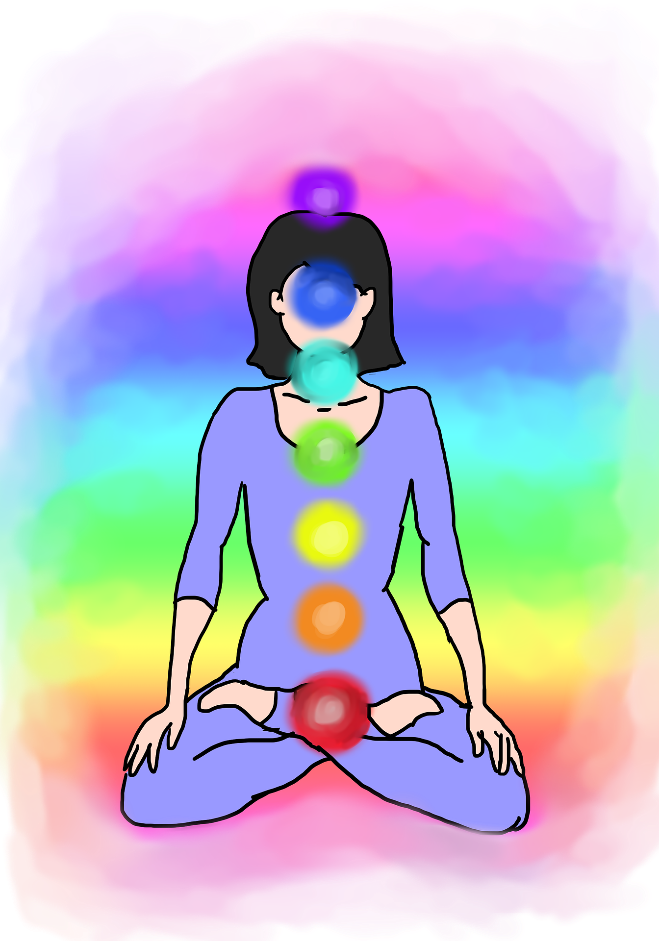 Zeichnung einer Person in einer sitzenden Yoga-Haltung mit Chakras, die entlang der Körpermitte farbige Energiezentren anzeigen, vor einem bunten, regenbogenartigen Hintergrund.