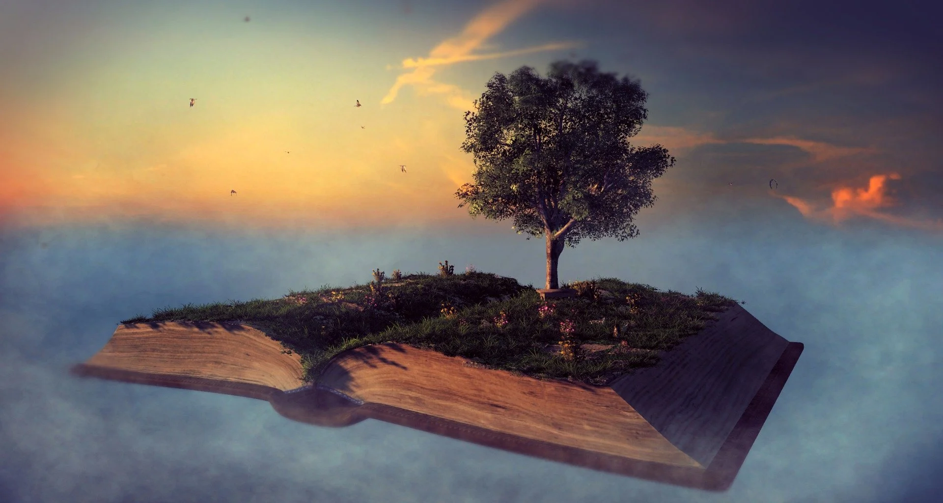 Ein offenes Buch mit einer kleinen Insel mit Gras, Bäumen und Tieren auf der Seite, vor einem Himmel mit Wolken, Vögeln und Sonnenuntergang.