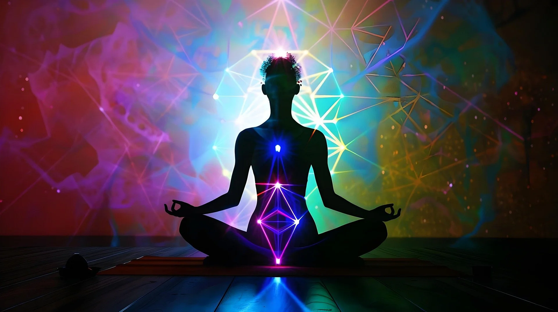 Eine Person in Meditationshaltung vor einem bunten, leuchtenden, geometrischen Hintergrund, der Energie- und Chakrasymbole darstellt.