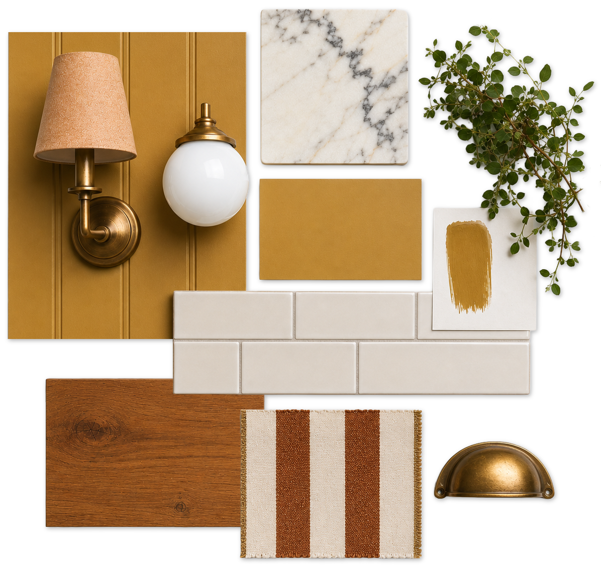 A collage of interior design materials and decor, including a brass wall sconce with a beige lampshade, a white globe wall light, marble and solid color tiles, a potted plant with green leaves, a wooden sample, a striped woven rug, and a brass table lamp.