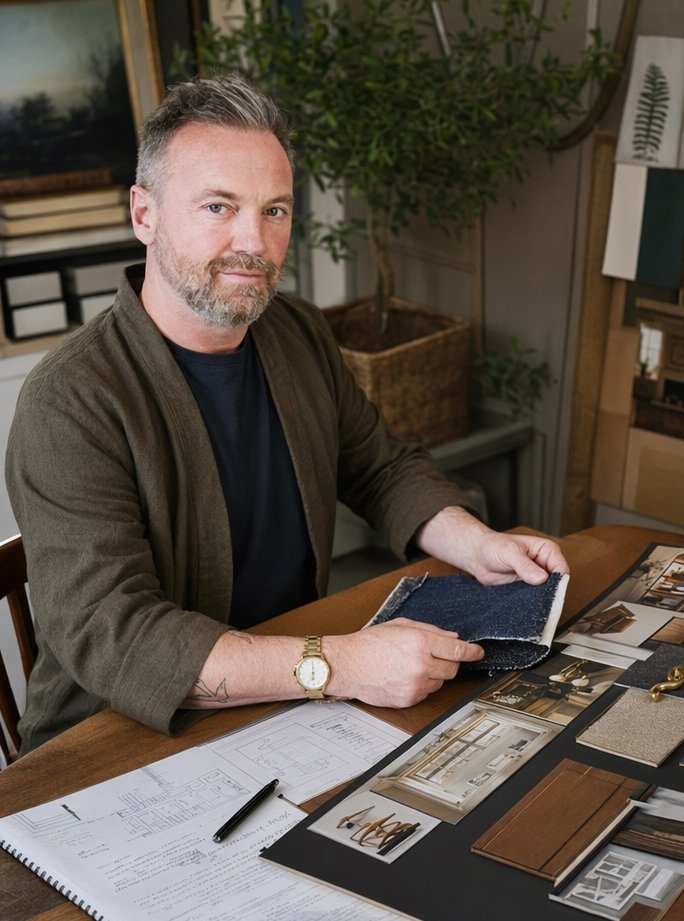 Interior designer Russell Loughlan reviewing fabric samples and design materials