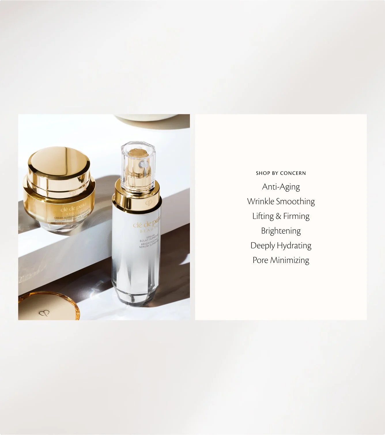 A skincare product display featuring a gold jar and a tall white bottle with gold accents, accompanied by a list of anti-aging benefits.