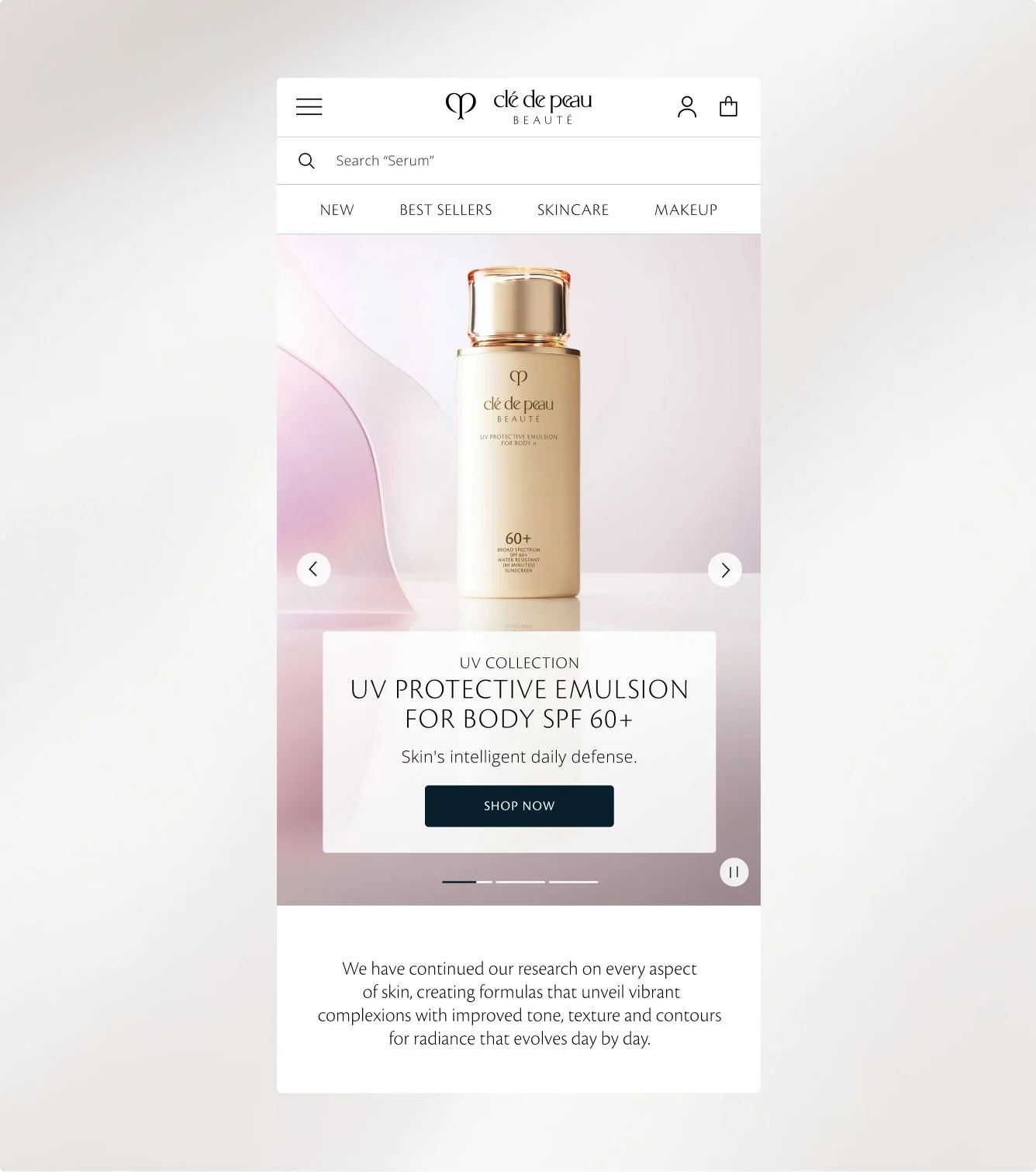 Product page displaying a bottle of Clé de Peau Beaute UV Protective Emulsion for Body SPF 60+ with a white background and light pink accents.