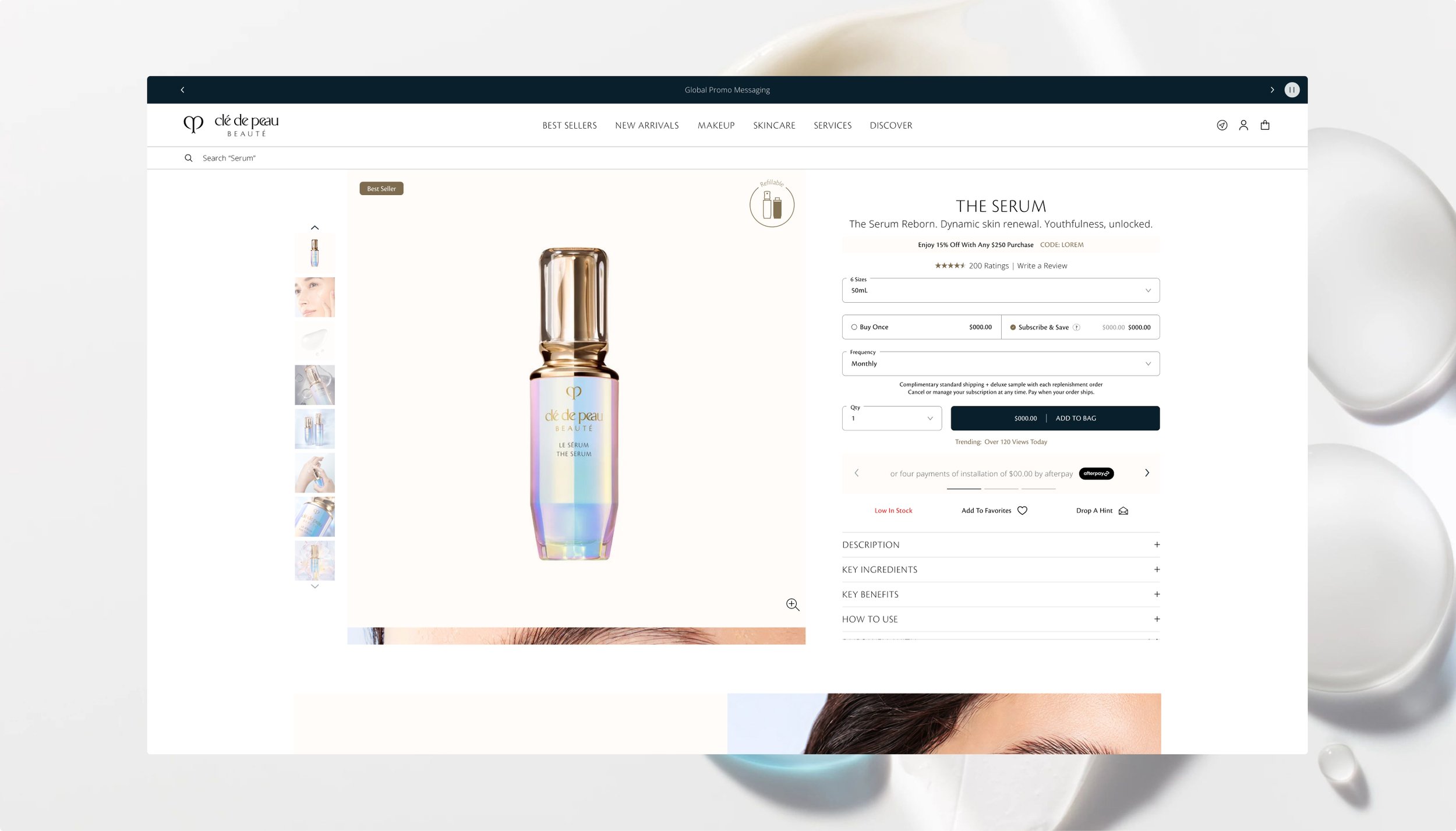Product page of a skincare serum on a website, showing an iridescent bottle labeled 'clé de peau BEAUTE LE SERUM THE SERUM' with purchasing options.