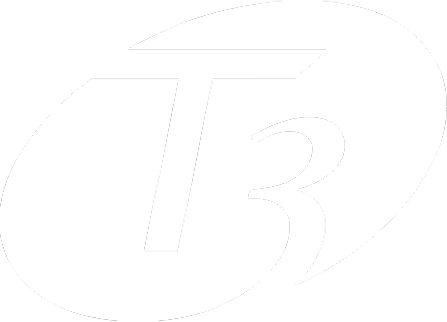 Black and white logo with a stylized letter T and number 3 inside an oval shape.