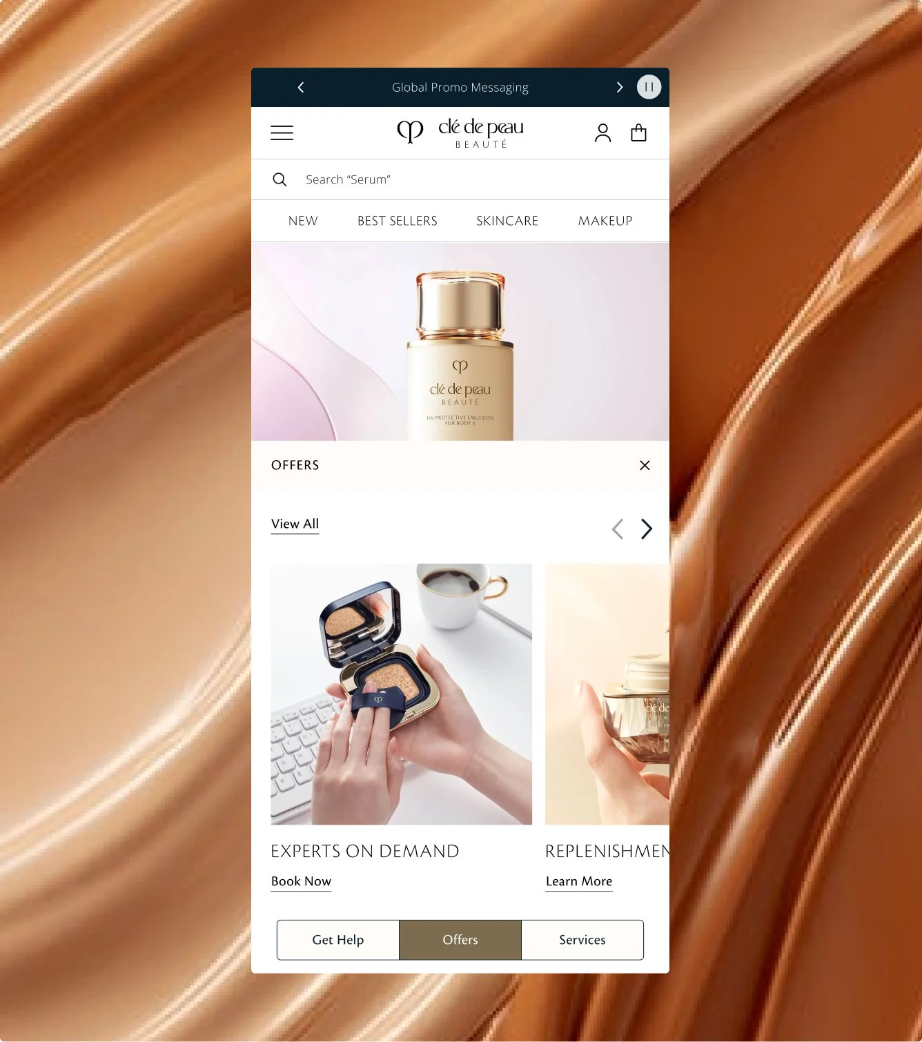 Screenshot of a skincare and beauty product website on a mobile device, featuring a product image of a beige bottle with a gold cap, brand name 'clé de peau BEAUTE,' and navigation tabs such as 'New,' 'Best Sellers,' 'Skincare,' and 'Makeup.'