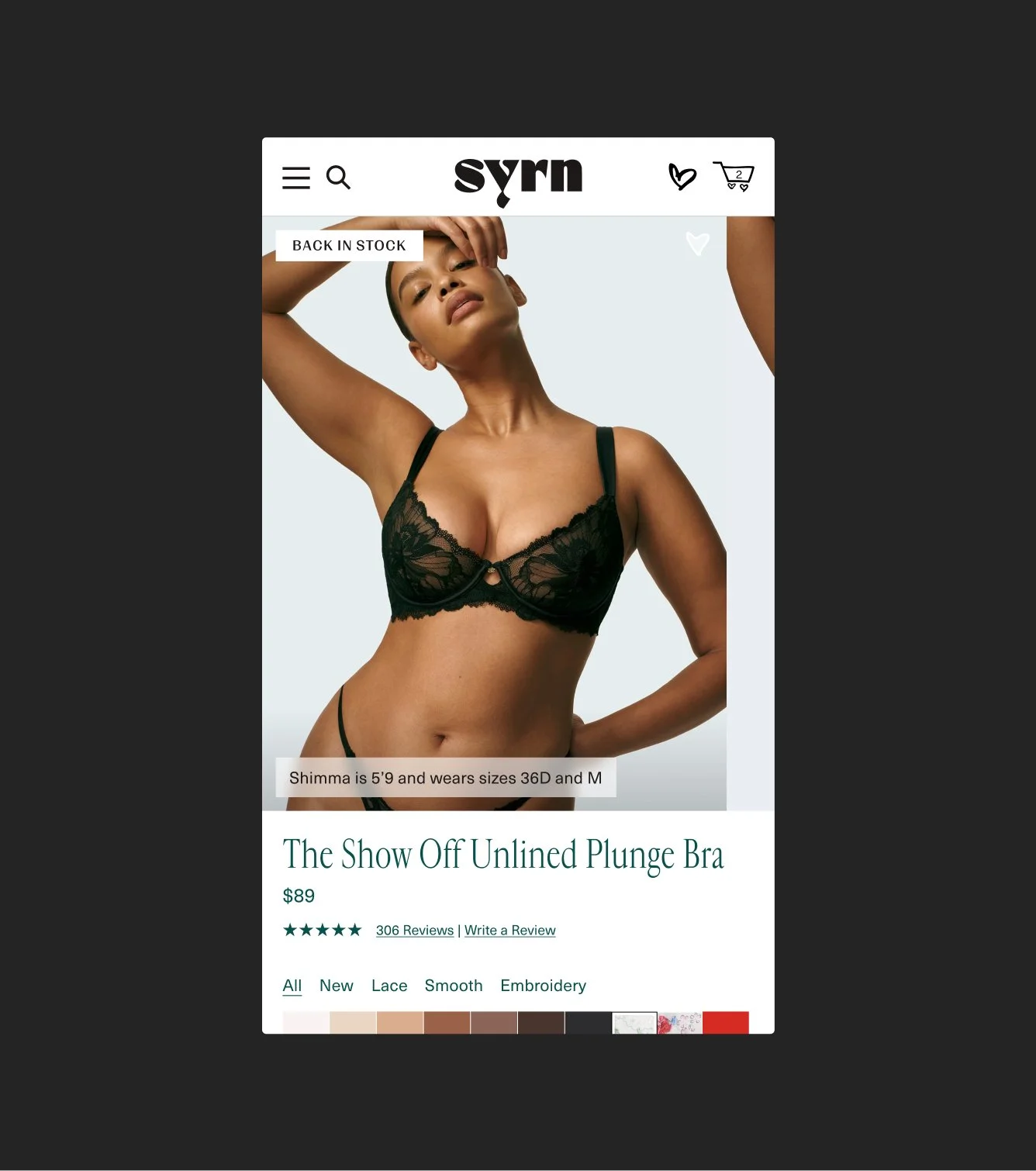 Online shopping app display featuring a woman in black lace lingerie, with text indicating the product is back in stock, priced at $89, with reviews and size options.