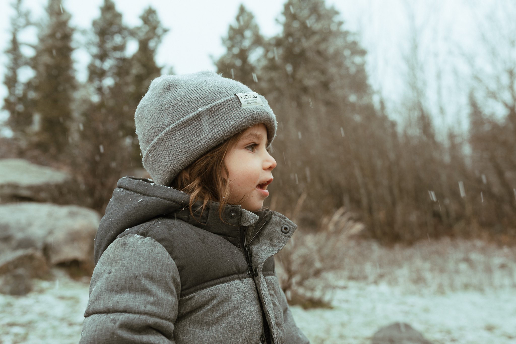 A young girl wearing a gray knit beanie and a padded winter jacket standing outdoors in a winter landscape with snow and leafless trees in the background.