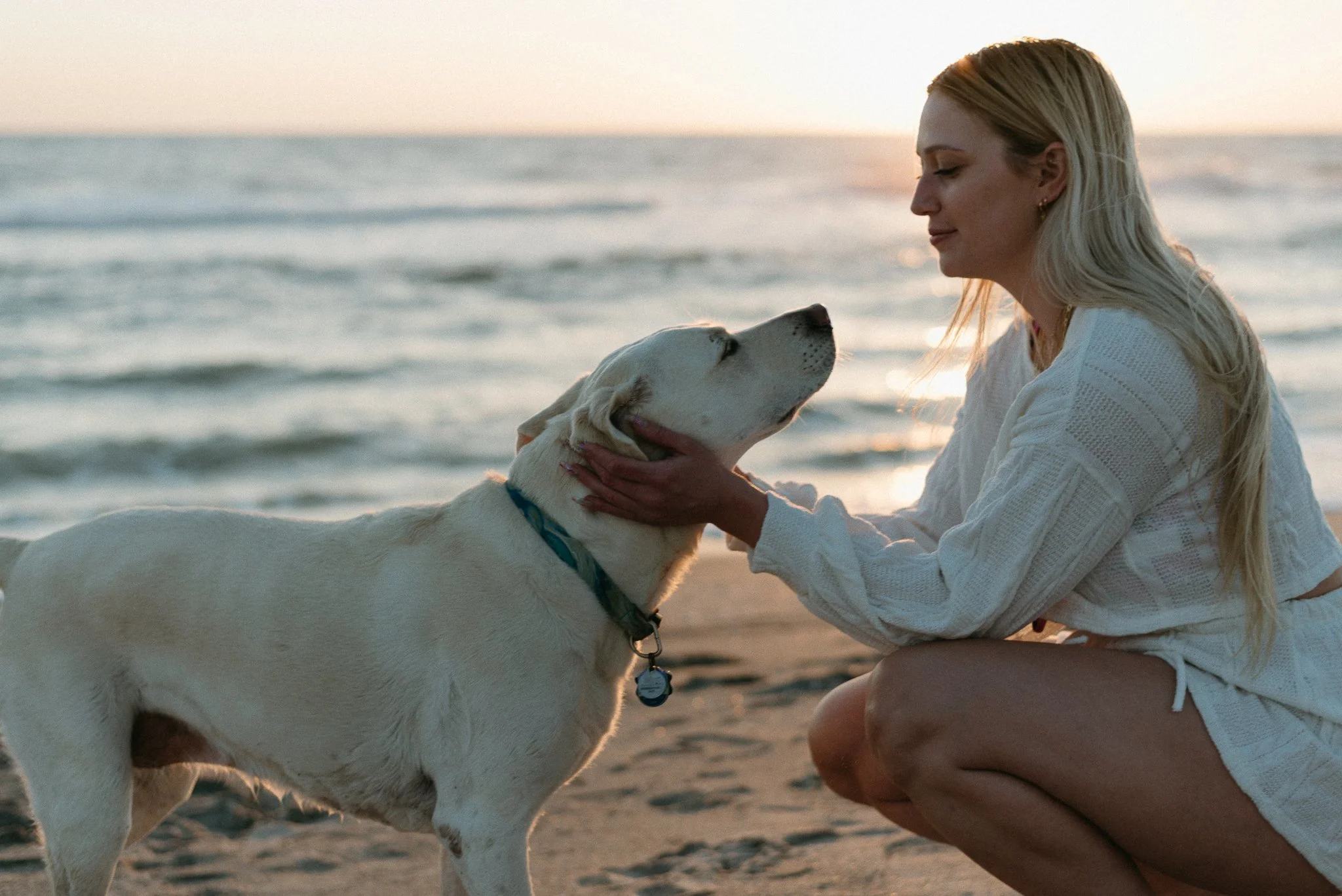 A woman with long blonde hair and a white sweater kneeling on a beach, gently holding and gazing at a yellow Labrador Retriever dog against the ocean and sunset background.