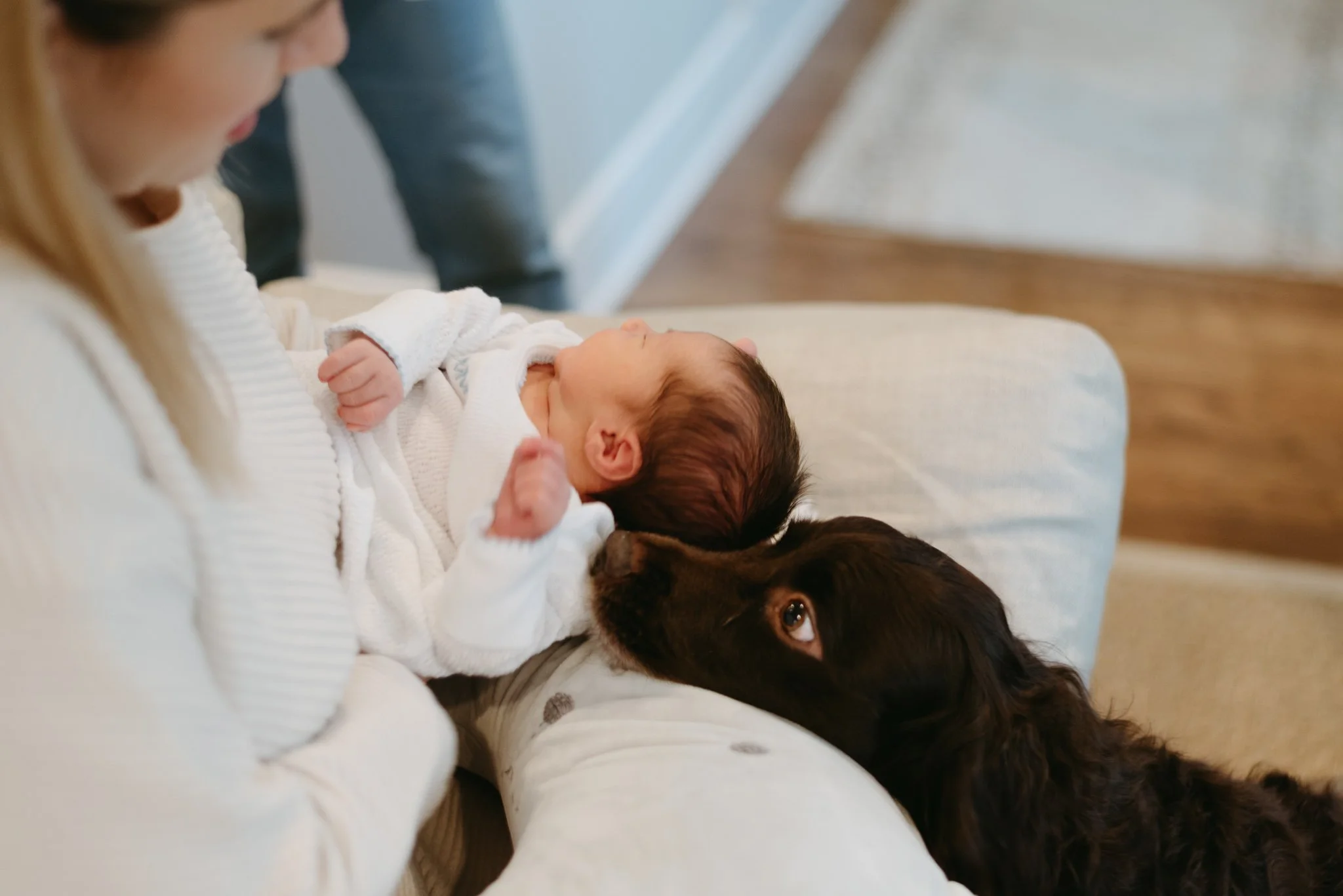 A woman holding a newborn baby while lying on a cream-colored sofa, with a brown and white dog resting its head on her lap.