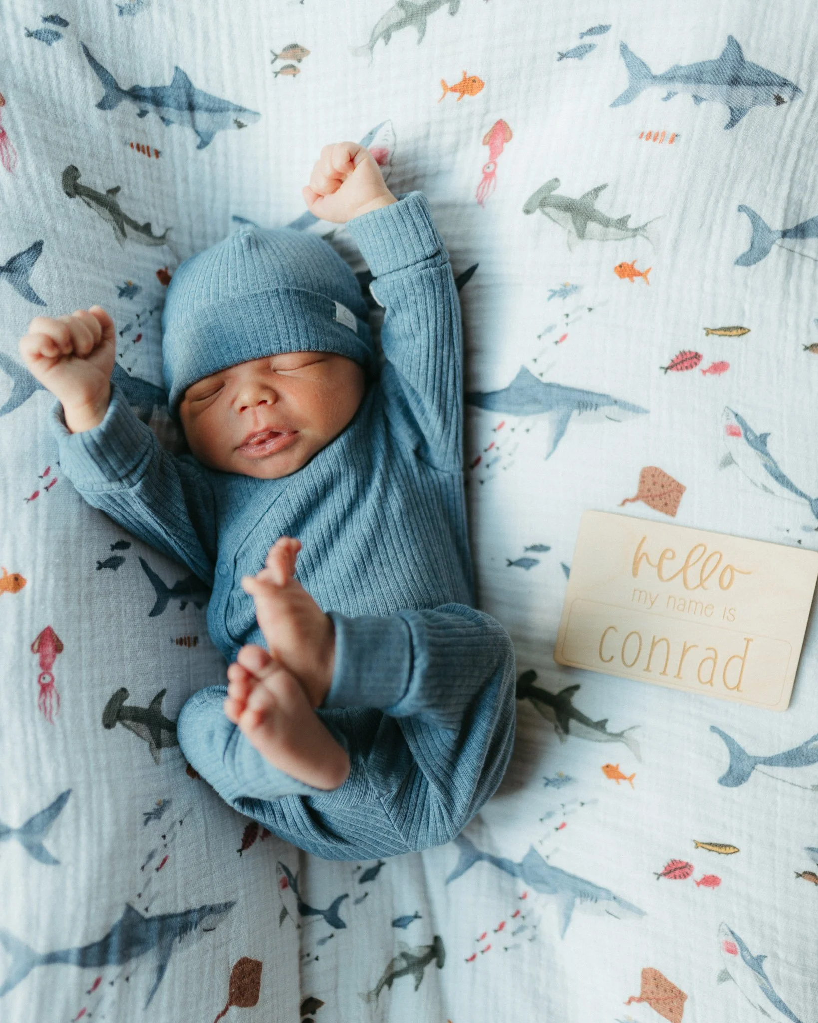 A newborn baby sleeping on a bed covered with a sheet decorated with various sea creatures such as sharks, fish, and jellyfish, wearing a blue striped outfit and a blue knit hat, with a card that reads 'hello, my name is Connor' nearby.