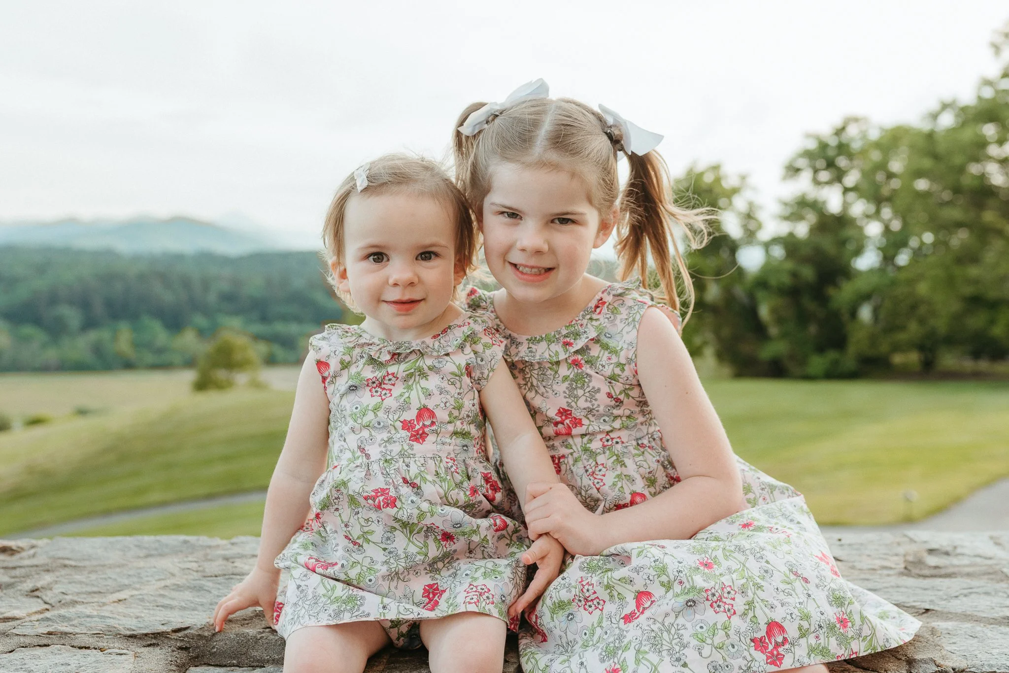 Two young girls sitting outdoors on a stone surface, wearing matching floral dresses with bows in their hair, with a scenic landscape of trees, grass, and mountains in the background.