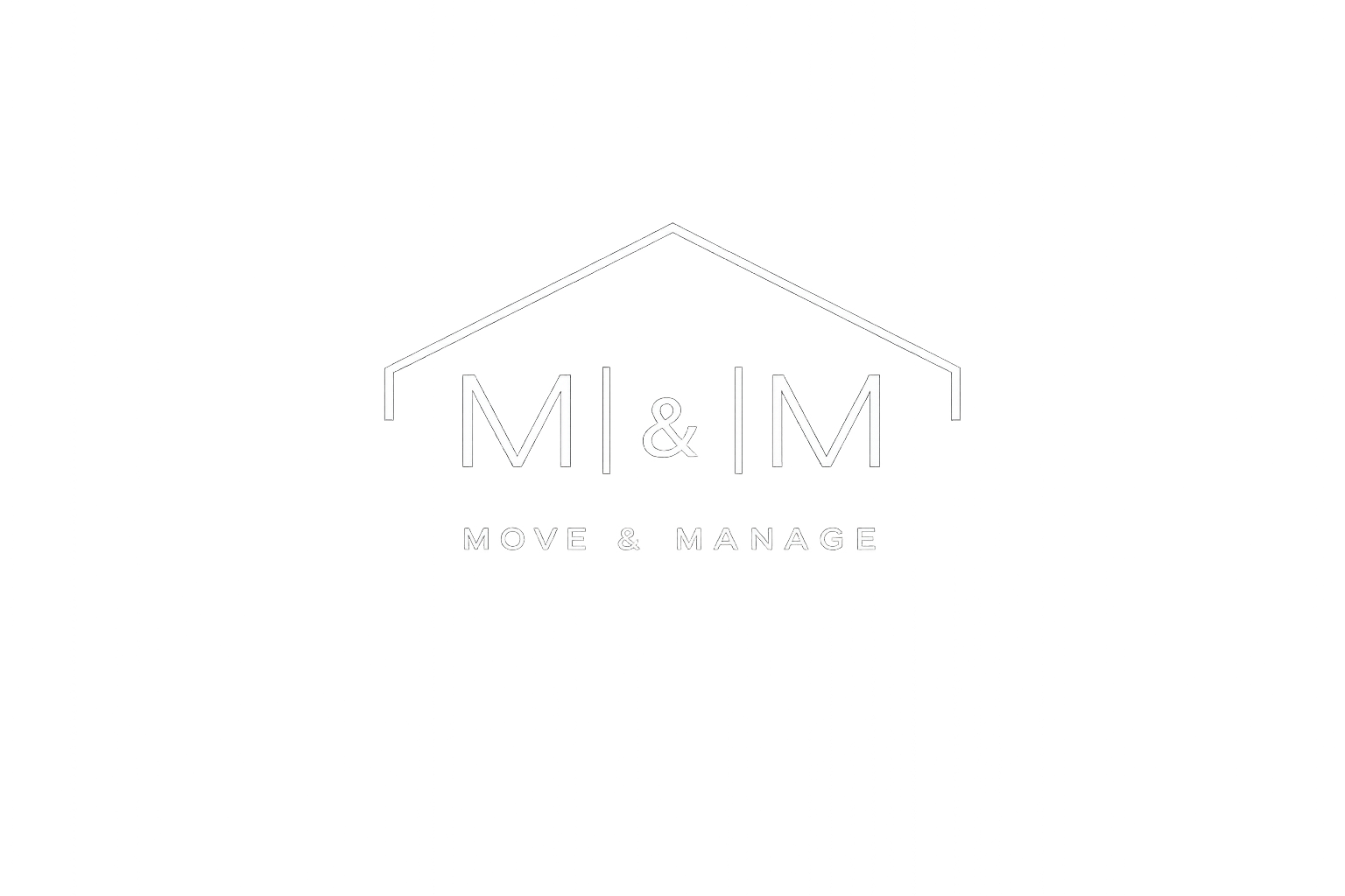 Neon sign with house outline and text 'M|M' and 'Move & Manage' in white on a gray background.