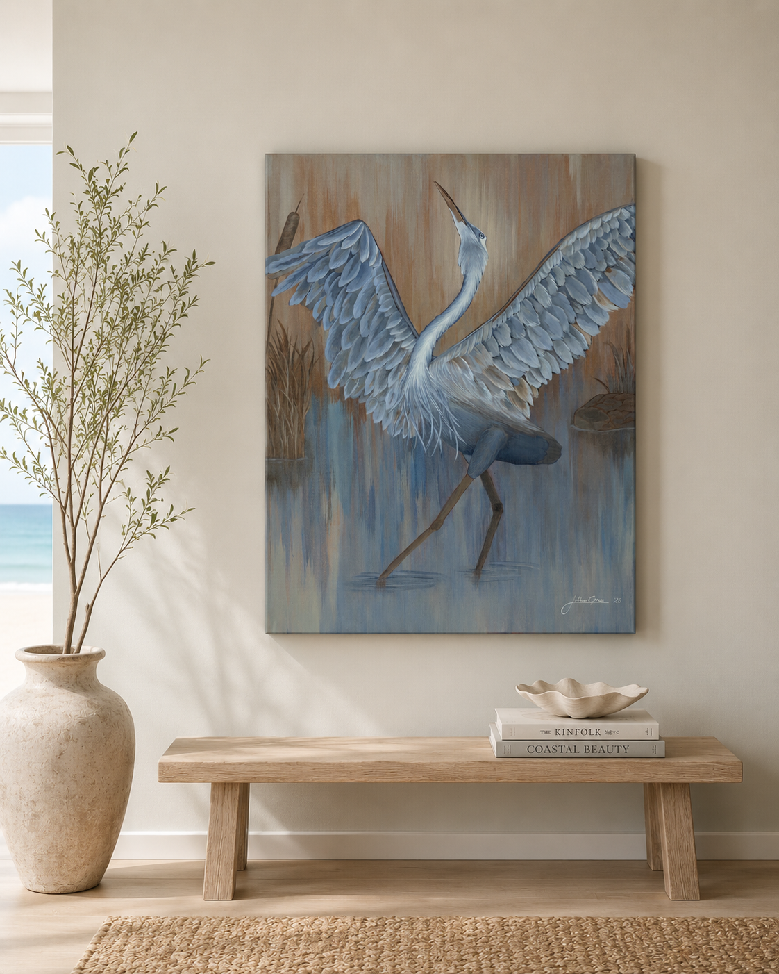 A painting of a heron with outstretched wings in a lake scene, displayed on a wall in a minimally decorated room. inspired by the marine life of long island by jillian grace studio original artwork wildlife illustration