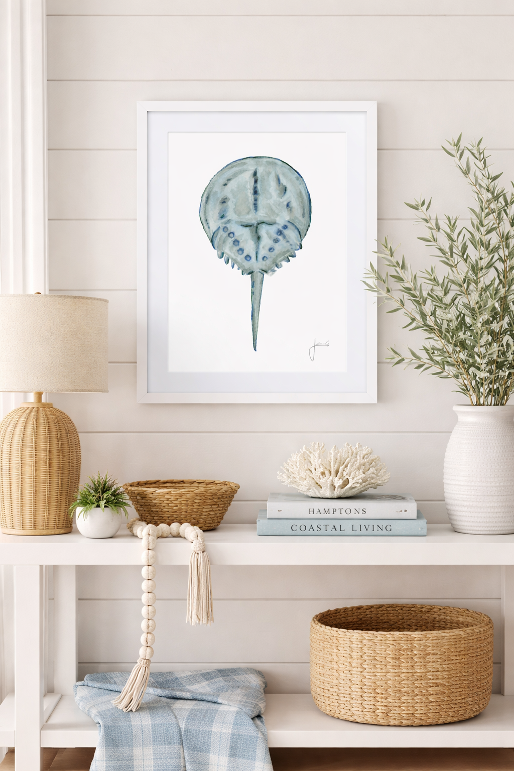 Horseshoe Crab Artwork Original coastal nature artwork by Jillian Grace Studio featuring a horseshoe crab, inspired by the marine life and shoreline of Long Island.