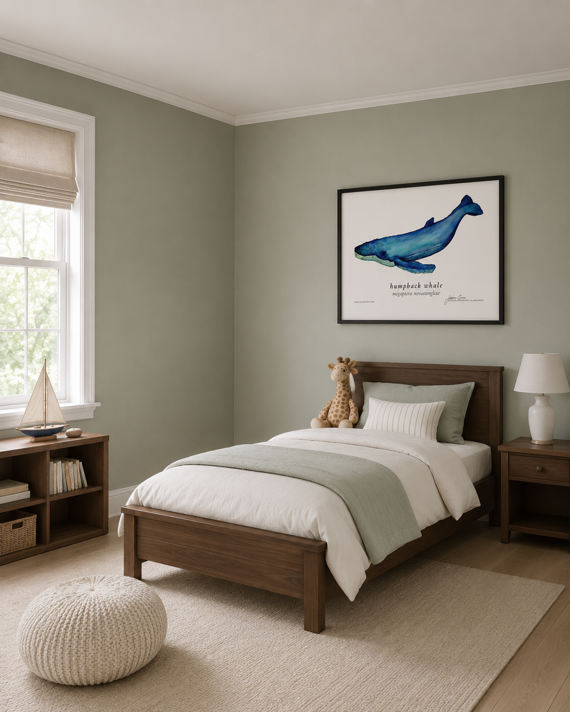 Original wildlife illustration by Jillian Grace Studio features A bedroom with green and white bedding, a stuffed giraffe, a white lamp, a wooden nightstand, a framed whale illustration, a window, and a beige knitted pouf, inspired by the marine life