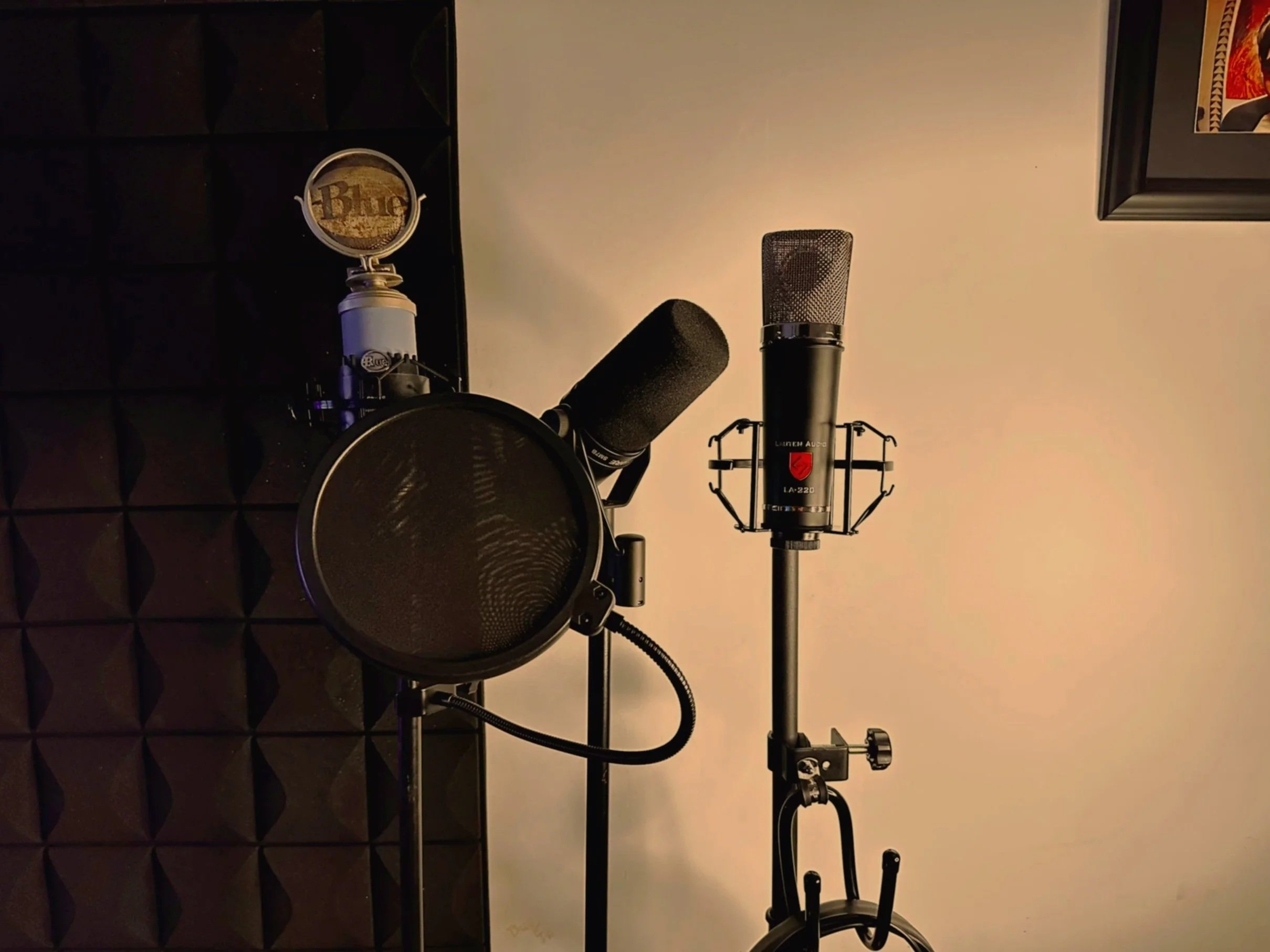 A recording studio setup with a microphone on a stand, a pop filter, and soundproof wall panels.